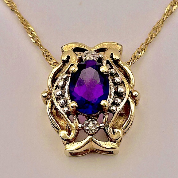 Estate Jewelry - Victorian R. Klein 14kt Amethyst & diam slide charm/pendant 20.5” necklace 3.45g